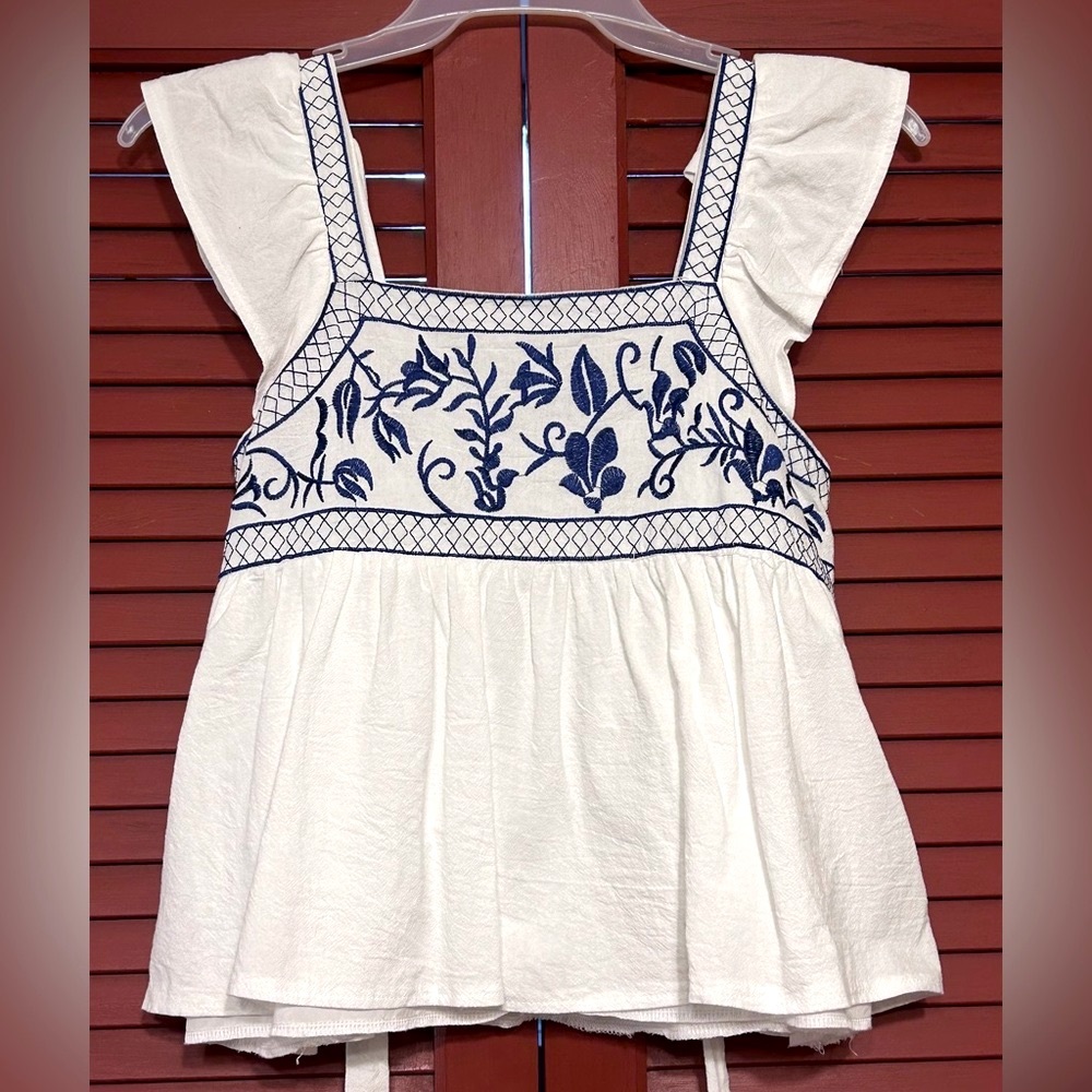 SHEIN Floral Embroidery Ruffle Trim Peplum Blouse